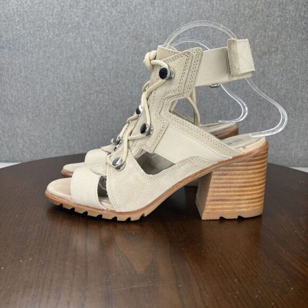 Sorel Nadia Sandals Women's Size 7.5 Beige Suede  Ankle Strap Heels Shoes NL3575